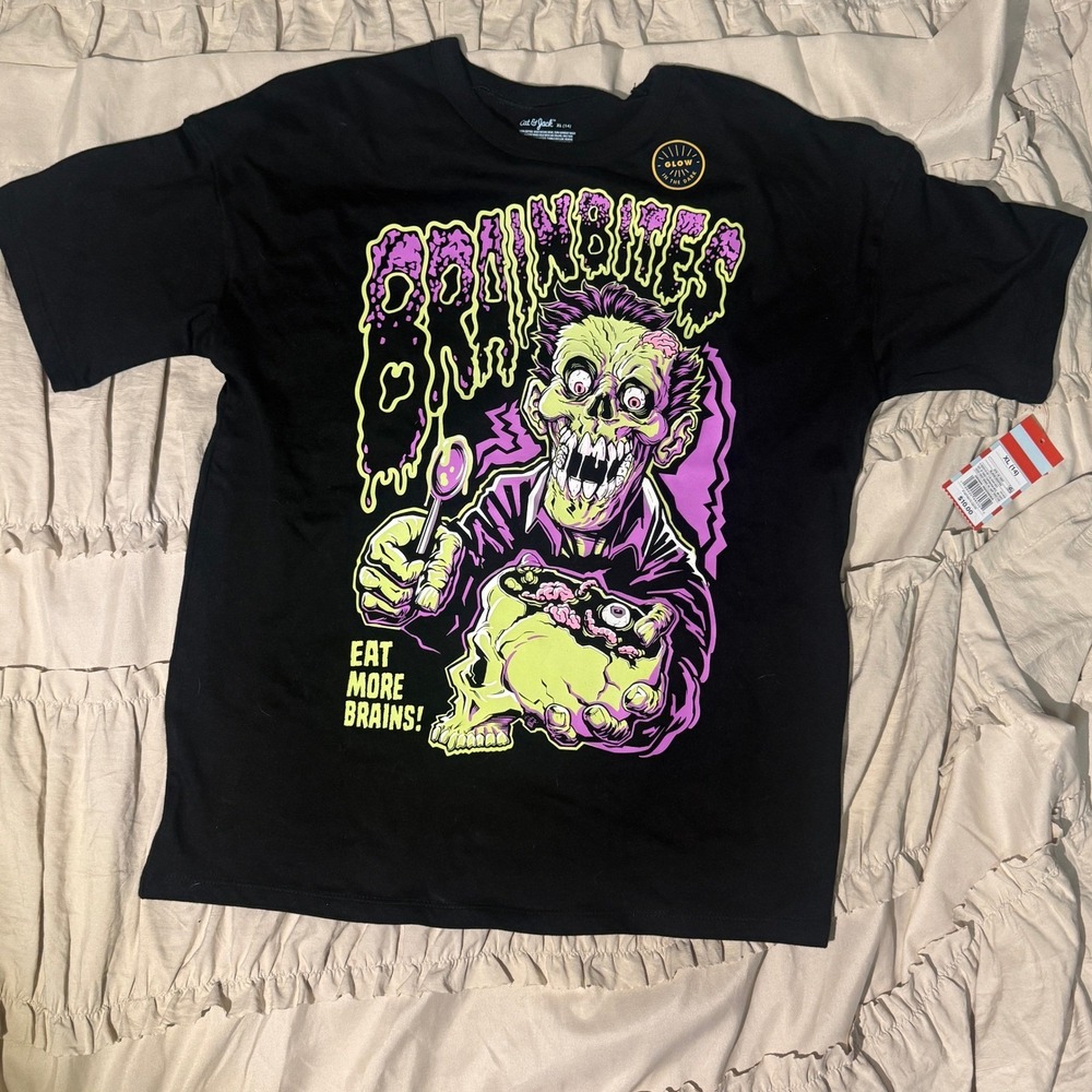 Cat & Jack Kids XL 14 Glow In The Dark Brain Bites Zombie Graphic T-Shirt Black